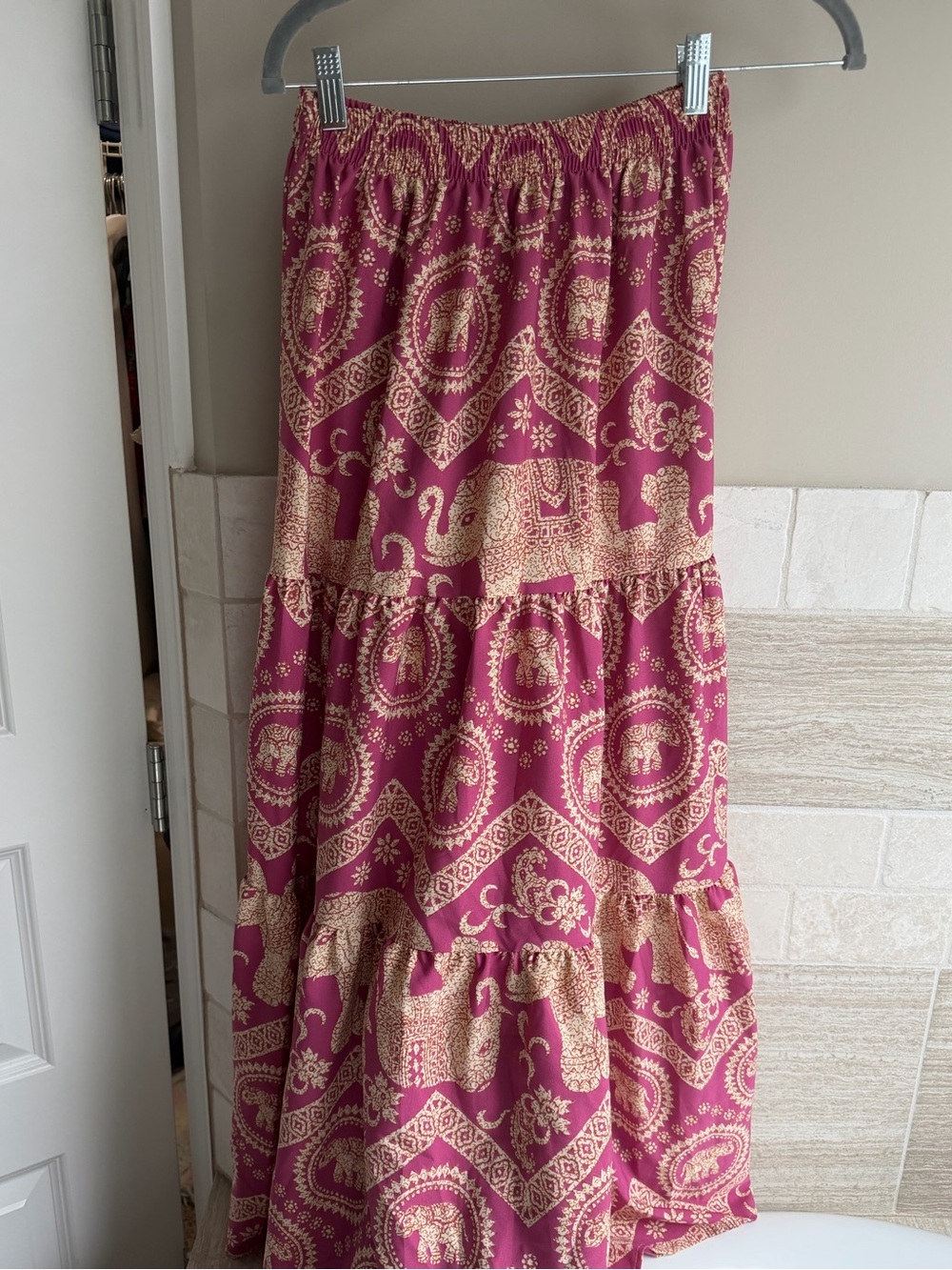Bohemian Elephant Print Maxi Skirt - Pink & Cream